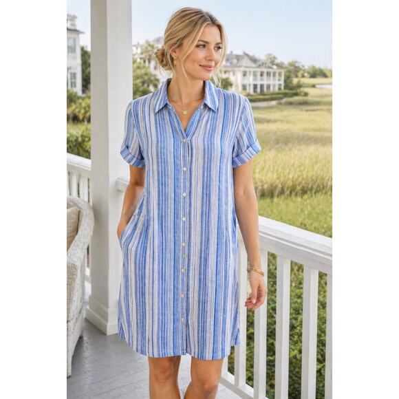 Tahari Dresses & Skirts - Tahari Linen Stripe Shirtdress Blue White Button Front 1X